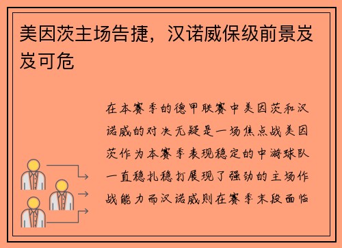 美因茨主场告捷，汉诺威保级前景岌岌可危