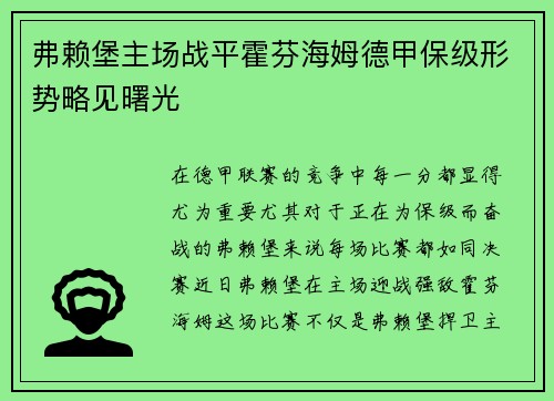 弗赖堡主场战平霍芬海姆德甲保级形势略见曙光