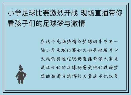 小学足球比赛激烈开战 现场直播带你看孩子们的足球梦与激情